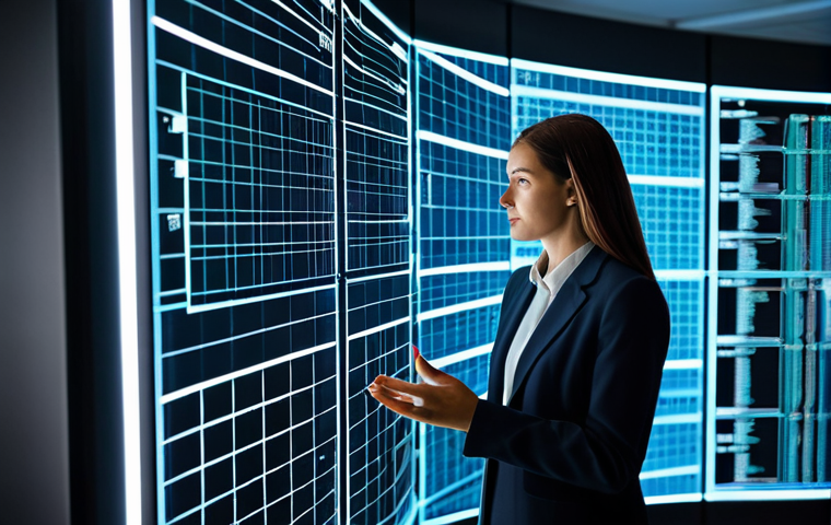 A focused female data scientist in a modest, professional blazer and blouse, standing in a state-of-the-art data lab. She is interacting with a large, transparent holographic display showing complex data visualizations, with abstract glowing lines representing data augmentation processes and diversification. The lab features sleek, minimalist design, with server racks visible in the background, subtly lit. Innovative, analytical, forward-thinking atmosphere, high quality, professional photography, perfect anatomy, well-formed hands, correct proportions, natural pose, ultra-detailed, sharp focus, safe for work, appropriate content, fully clothed, professional, family-friendly.
